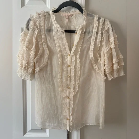 Rebecca Taylor Ivory Ruffle-Trim Button Blouse - Picture 3 of 10